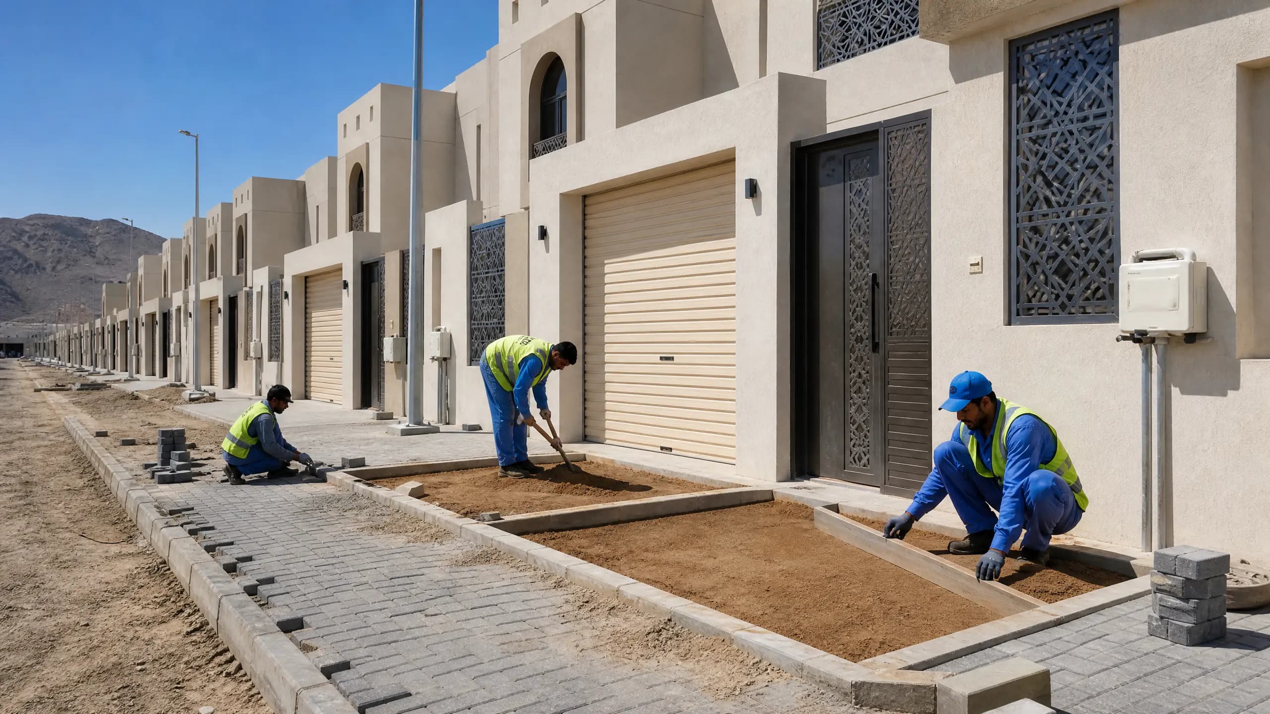 عمال يجهزون مناطق الزراعة وينفذون الرصف بمحاذاة واجهات في وجهة المكيمن