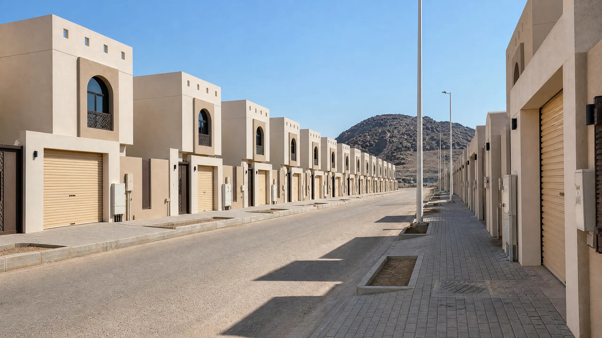 ممر شارع نهاري في وجهة المكيمن يوضح الطريق والأرصفة والإنارة والواجهات والجبال