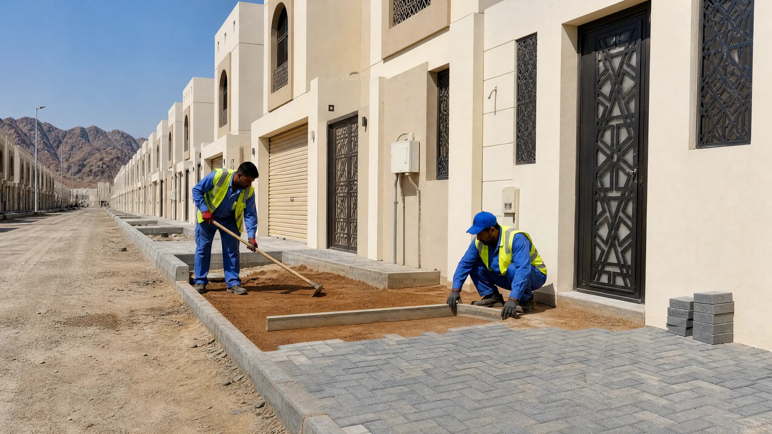 عاملان ينفذان أعمال الرصف وتجهيز التربة بمحاذاة واجهات في وجهة المكيمن