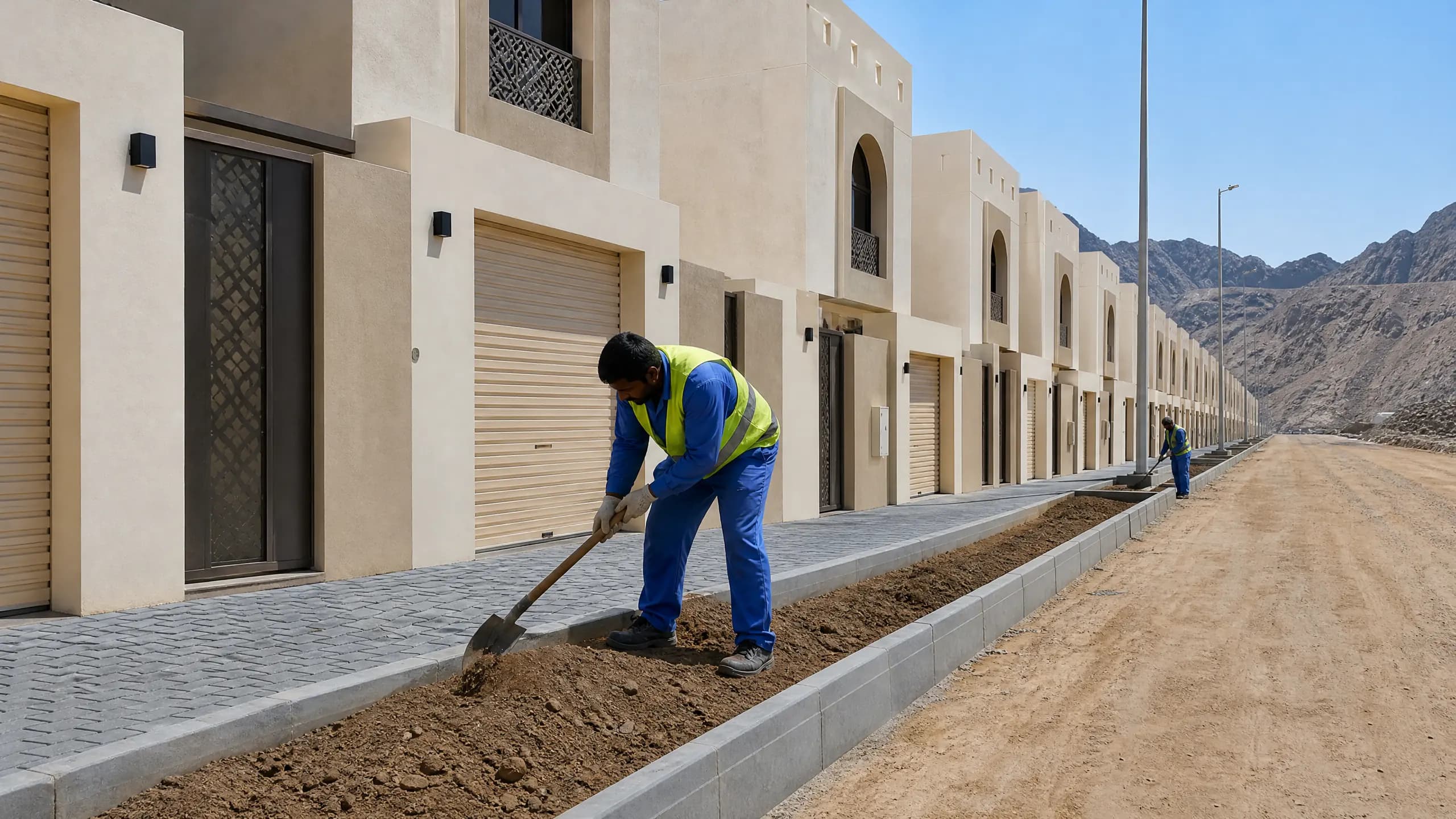 عامل يجهز التربة في منطقة زراعة بمحاذاة واجهات في وجهة المكيمن